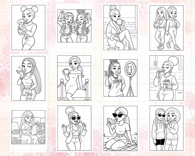 May include: A collection of black and white illustrations featuring stylish women in various settings. The images depict women with pets, enjoying coffee, posing with friends, and using a ring light. The illustrations are suitable for coloring.