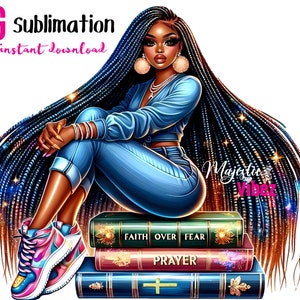 Gesegnetes schwarzes Mädchen PNG Glaube über Angst Gebet Clipart Mädchen sitzt auf Büchern Afroamerikanerin Melanin Afro Queen Schwarze christliche Aufkleber