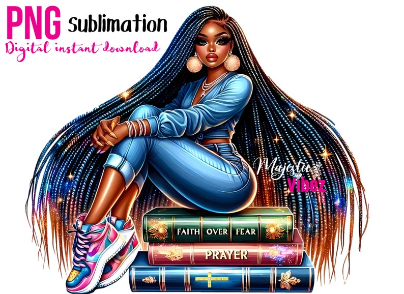 Blessed black girl PNG Faith over fear Prayer Clipart Girl sitting on books African american Melanin Afro Queen Black Christian Stickers image 1