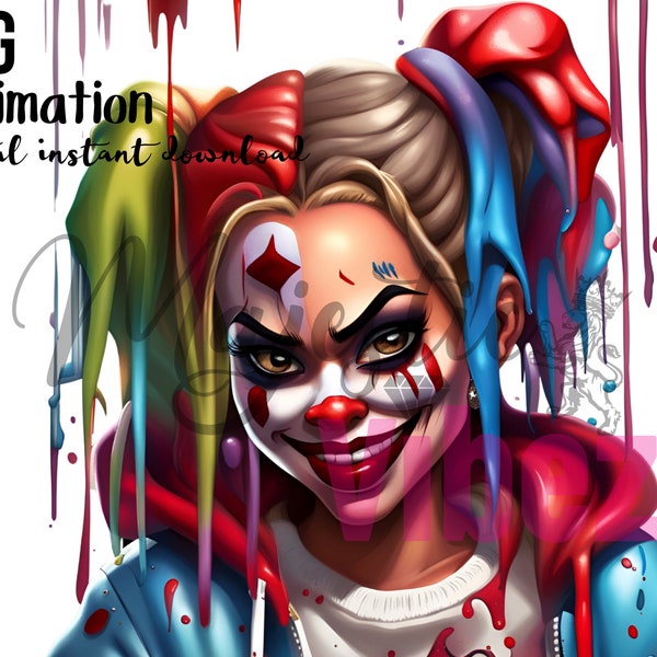 Harley Quinn PNG, Scary, Halloween, PNG, Clip art, Sublimation, Horror, Black hood girl, Digital download, Tshirt, Tumblers, 3D, pennywise,
