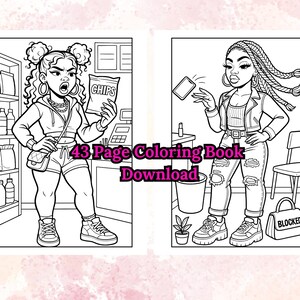 K&ouml;nnte beinhalten: Schwarz-Wei&szlig;-Strichzeichnung von zwei Frauen in einem Malbuch. Eine Frau h&auml;lt eine T&uuml;te Chips, die andere ein Telefon. Der Text "43 Page Coloring Book Download" befindet sich in der Mitte.