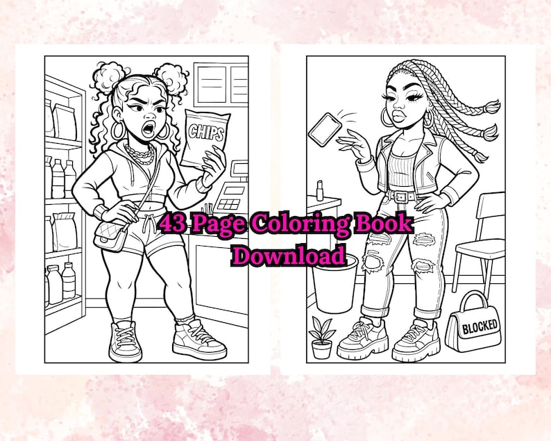 K&ouml;nnte beinhalten: Schwarz-Wei&szlig;-Strichzeichnung von zwei Frauen in einem Malbuch. Eine Frau h&auml;lt eine T&uuml;te Chips, die andere ein Telefon. Der Text "43 Page Coloring Book Download" befindet sich in der Mitte.