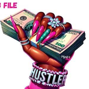 Mano femminile nera che tiene soldi PNG Pila di soldi Clip art Ottenere citazioni di denaro Soldi Hustler Sublimazione Unghie carine Manicure Soldi