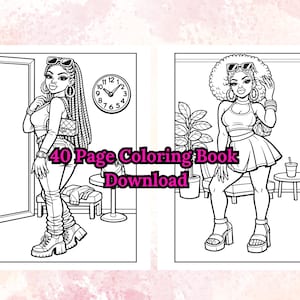 May include: Black and white line art of two fashion illustrations from a coloring book. The text "40 Page Coloring Book Download" is overlaid on the image. One illustration features a woman in a crop top and jeans, the other in a crop top and skirt.