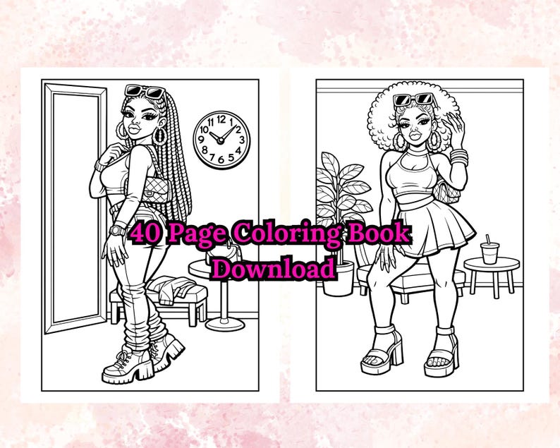 May include: Black and white line art of two fashion illustrations from a coloring book. The text "40 Page Coloring Book Download" is overlaid on the image. One illustration features a woman in a crop top and jeans, the other in a crop top and skirt.