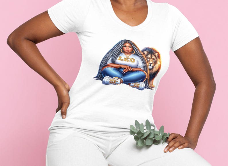 May include: White v-neck t-shirt with a graphic of a person with long grey hair, blue jeans, and trainers, with the word "LEO" on the shirt. A lion is next to the person.