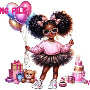 Black Birthday Girl Clipart Pequeña niña negra PNG Cumpleaños Princesa PNG Afro Niña Clipart Moda png Sublimación afroamericana