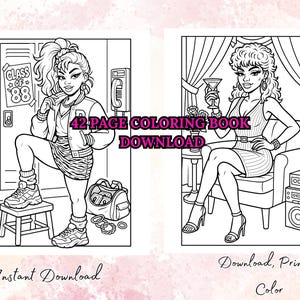 Puede incluir: Un libro para colorear de 42 p&aacute;ginas para descargar con dos ilustraciones en blanco y negro de mujeres. Una ilustraci&oacute;n muestra a una mujer con chaqueta y falda, y la otra a una mujer con un vestido sosteniendo un c&oacute;ctel. El texto dice "Class of '88" y "Instant Download".