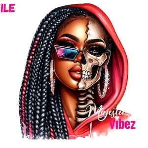 May include: Digital illustration of a woman with black and red braided hair wearing a red hoodie. Half of her face is a skull, and she is wearing large jeweled earrings and sunglasses. The text "Majesty Vibez" is in the lower right corner.
