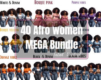 Curvy black girl clip art Curly Afro hair Melanin queen Afro Magic African american women PNG Digital download for stickers planners tshirt
