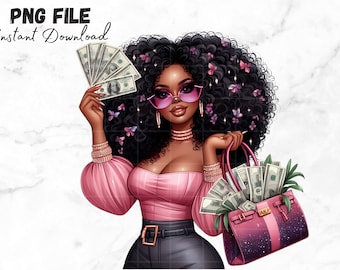 Zwart meisje met geld Afro-huttler clipart roze geld dragen clipart Afro-Amerikaanse vrouwen zwart meisje magische melanine Urban Girl png