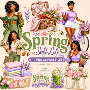 May include: A digital illustration with a spring theme. The image features women, flowers, picnic baskets, a bicycle, and the text "Spring Soft Life". The color palette includes pastels, with pinks, greens, and purples.