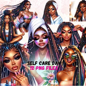 Bundle de cliparts soins personnels journée de spa femmes noires Png détente planificateur de journée fille Clip art Black Lady Boss PNG mode Lady Clipart sublimation
