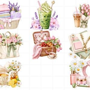 K&ouml;nnte beinhalten: Aquarellillustrationen von Lifestyle-Artikeln. Ein Korb mit gefalteter Kleidung, Lavendel und Blumen. Ein gr&uuml;ner Matcha-Drink, ein Tulpenstrau&szlig; und ein Eiskaffee. Eine Tragetasche mit Blumen, ein Picknickkorb, ein Notizbuch und eine Tasse Tee.