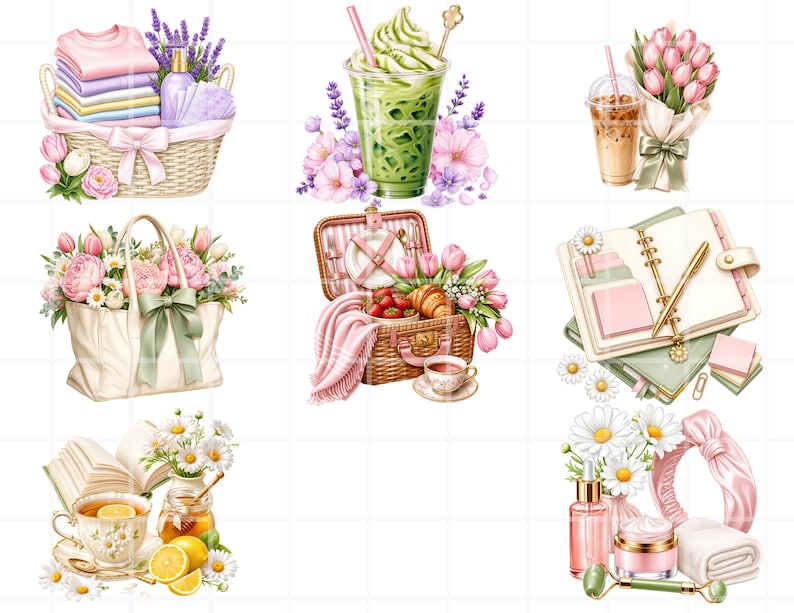 K&ouml;nnte beinhalten: Aquarellillustrationen von Lifestyle-Artikeln. Ein Korb mit gefalteter Kleidung, Lavendel und Blumen. Ein gr&uuml;ner Matcha-Drink, ein Tulpenstrau&szlig; und ein Eiskaffee. Eine Tragetasche mit Blumen, ein Picknickkorb, ein Notizbuch und eine Tasse Tee.