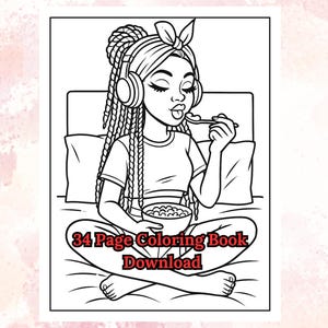 May include: Black and white line art illustration of a person sitting cross-legged, eating from a bowl. The person is wearing headphones and a headband. The text "34 Page Coloring Book Download" is at the bottom.