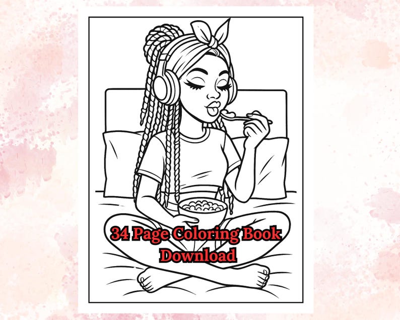 May include: Black and white line art illustration of a person sitting cross-legged, eating from a bowl. The person is wearing headphones and a headband. The text "34 Page Coloring Book Download" is at the bottom.