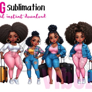 Clipart de garotas de viagem Chibi Sistas Amigos viajando PNG Download instantâneo Garotas negras afro-americanas