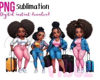 Chibi travel girls clipart Sistas Friends traveling PNG Instant download African american Black girls