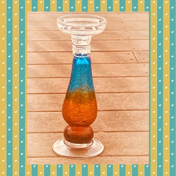 Lustrous Aqua and Amber Blend 12” Crackle Glass Candle Holder Pillar Vase Open Box new