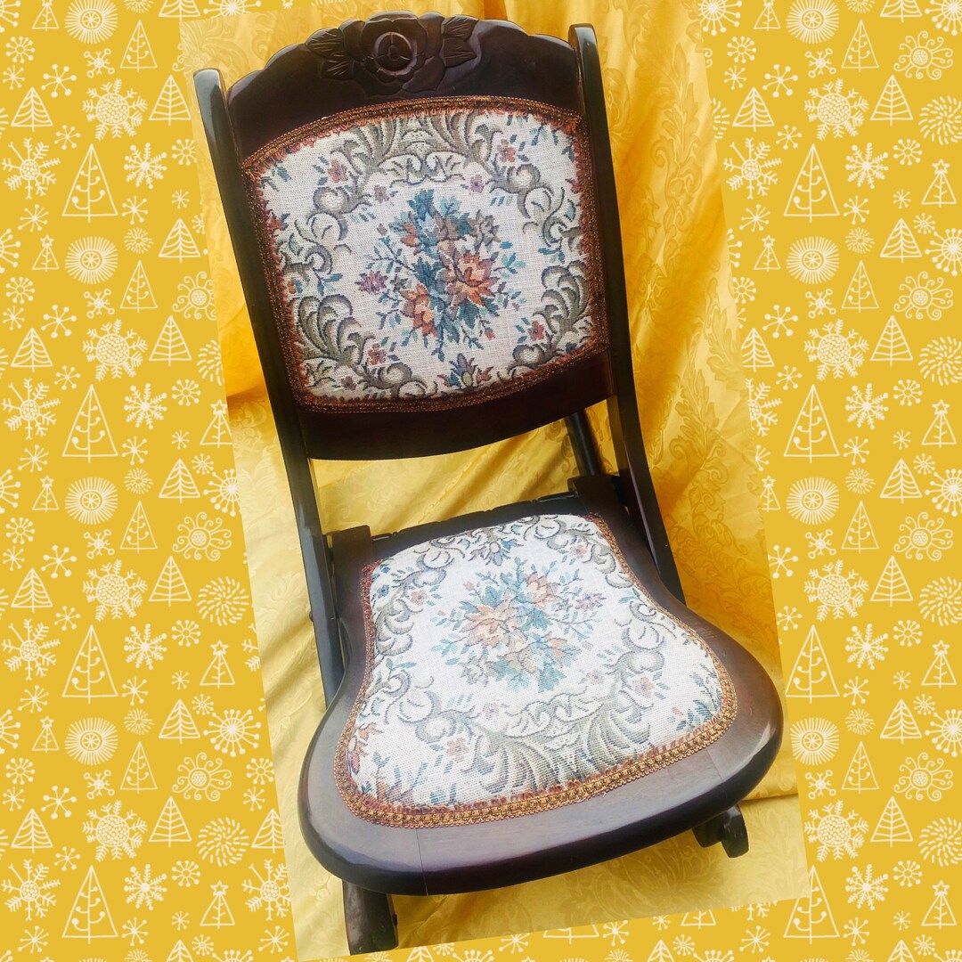 Antique Folding Wooden Rocking Chair Floral Tapestry Etsy