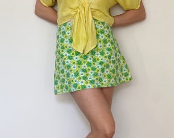 Vintage cotton micro mini flared skater skirt, neon flowers, size XS