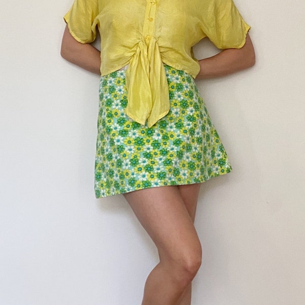 Vintage cotton micro mini flared skater skirt, neon flowers, size XS