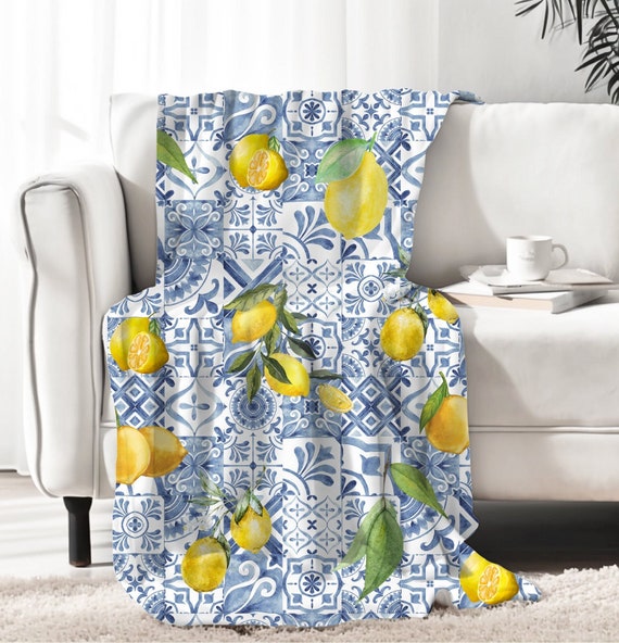Greek Mediterranean Style Throw Blanket Blue and White Tile Design With Watercolour Lemons Perfect for Home or Garden Etsy UK