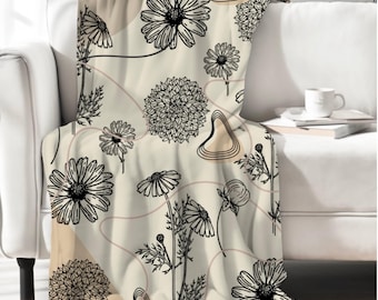 Schwarz und Creme Florale Decke: Modernes Abstraktes Blumen Design
