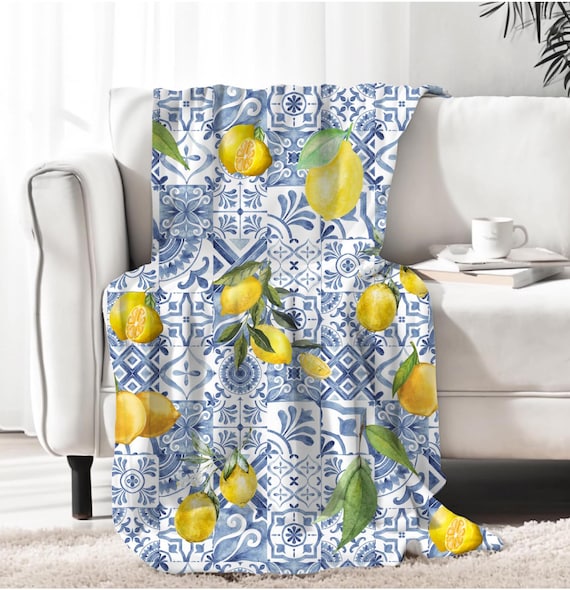 Blue Lemon Greek Throw Blanket - Mediterranean Style Soft Polyester Cover