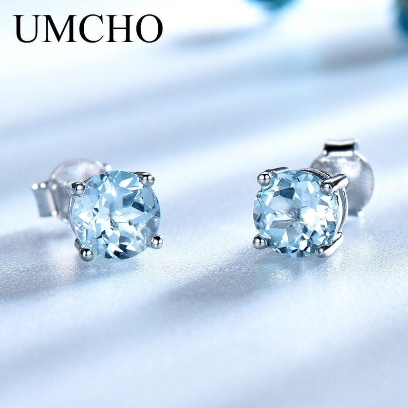 UMCHO Solid Real 925 Sterling Silver Jewelry Created Sky Blue Topaz Stud Earrings
