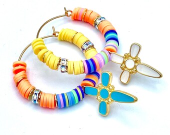 Hoop earrings with crosses and Heishi beads, multicolored hoops