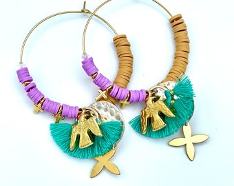 Beige-purple multicolor hoops, Heishi pearl hoops, multicolored hoops