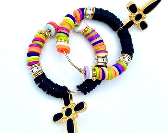 Multicolored hoops with Heishi beads, hoops with crosses, multicolored hoops