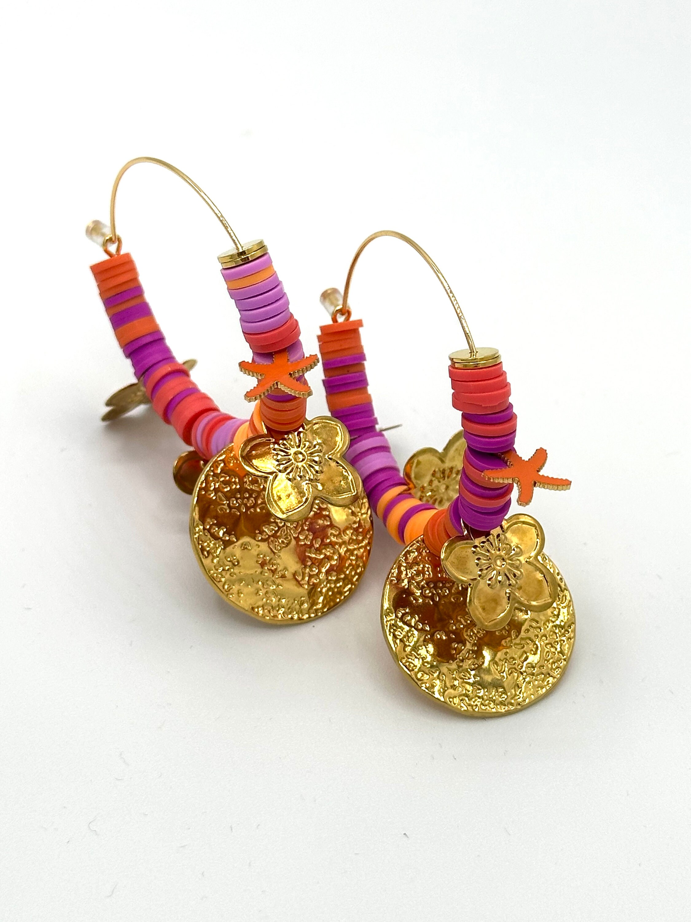 Multicolored hoop earrings with gold pendants and Heishi pearls, multi-colored hoop earrings