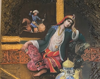 May include: A painting depicting a woman in traditional clothing sitting on a ledge, with a large blue and white vase and a red apple in the foreground. The woman is wearing a green robe, a pink skirt, and a crown. She is leaning on her hand and looking to the side. In the background, a man on horseback is riding through a doorway.