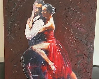 May include: A painting of a couple dancing the tango. The man is wearing a black suit and white shirt, while the woman is wearing a red dress. The background is a dark red with a textured effect.