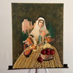 Qajar Woman Mixed Media Art: Persian Historical Canvas Print (20&quot;x 16&quot;)