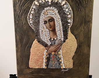 May include: A painting of the Virgin Mary with a crown of rhinestones and beads on a textured gold background. The painting is on a canvas and is signed "MyArt".