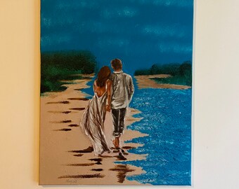 May include: A painting of a couple walking hand-in-hand on a sandy beach towards a blue body of water. The sky is a vibrant blue with white clouds. The painting is done in a realistic style with textured brushstrokes.