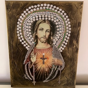 Jesus Christ Portrait: Vintage Catholic Mixed Media Art (20"x16") image 2