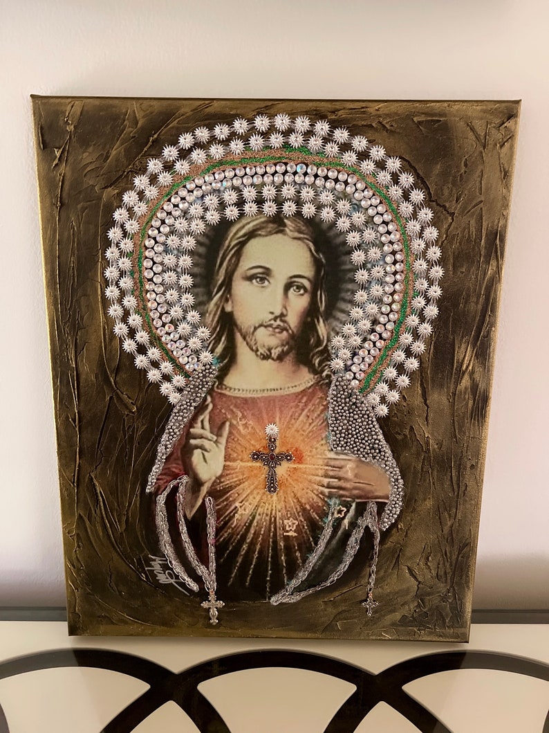 Jesus Christ Portrait: Vintage Catholic Mixed Media Art (20"x16") image 2