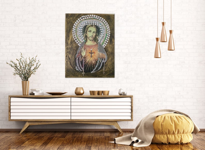 Jesus Christ Portrait: Vintage Catholic Mixed Media Art (20"x16") image 7