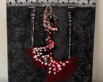 Mixed Media Flamenco Dancer Art, Red Dress Spanish Canvas Artwork