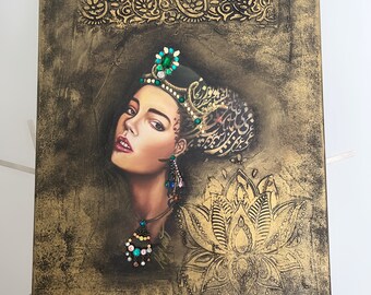 May include: A painting of a woman with a crown and jewels on a gold background with a lotus flower design. The woman has dark hair and is wearing a green and gold crown with jewels. She is wearing a necklace and earrings with jewels. The background is a gold color with a lotus flower design.