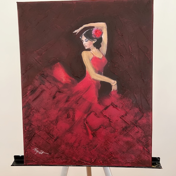 20"x16" Mixed Media Art, Mixed Print Art, Spanish Dancer, Flamenco Dancer In Red Dress, Abstract Dancer on Canvas, Figurative Art.