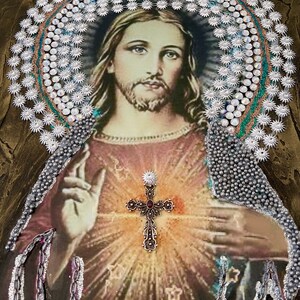Jesus Christ Portrait: Vintage Catholic Mixed Media Art (20"x16") image 3
