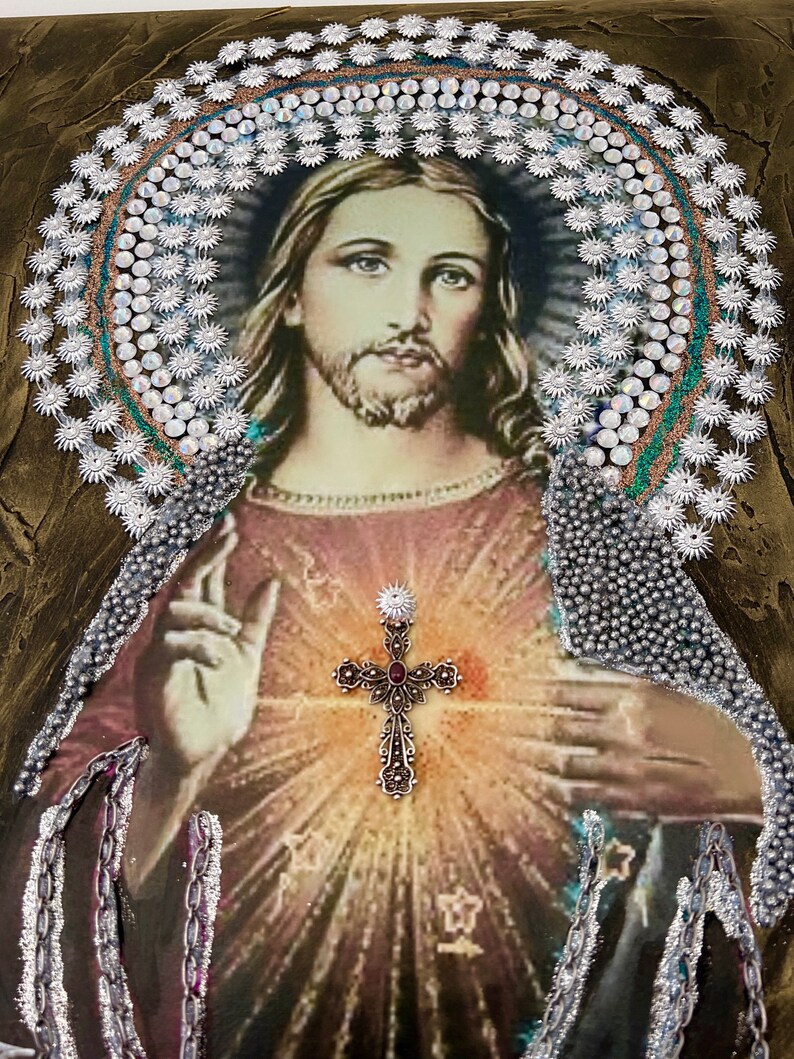 Jesus Christ Portrait: Vintage Catholic Mixed Media Art (20"x16") image 3