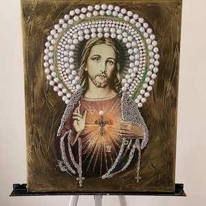 Jesus Christ Portrait: Vintage Catholic Mixed Media Art (20"x16") image 1