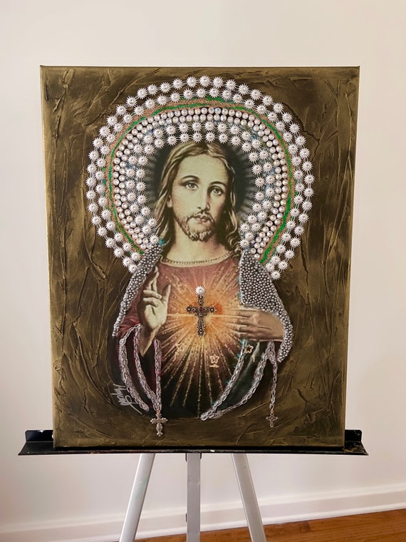 Jesus Christ Portrait: Vintage Catholic Mixed Media Art (20"x16")